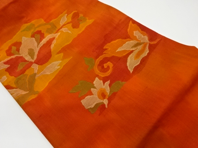 リサイクル　手織紬花唐草模様織出し名古屋帯